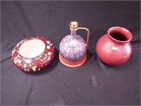 Three pieces of art pottery including splatter