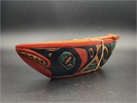 Tlingit style wood canoe with paddle, 11.5" long,