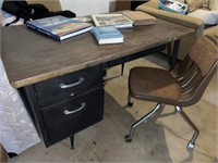Mid Century Metal Desk with Tweed Roll Chair