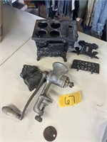 MEAT GRINDER, SMALL CAST IRON STOVE, MATCH HOLDER