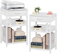 White Side Tables Set of 2  with Fabric Drawers