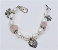 Pearls and Pink Quartz , Sterling Silver Bracelet