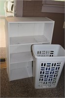 bookshelf,2 buckets& laundry basket