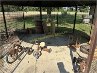 Corn Crib Contents - 3 Tricycles, Barrel, Misc.