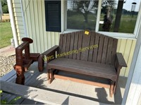 Wooden Bench, Traactor Planter, Wind Chimes