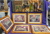 5 FRAMED CARD PLAYING DOGS PRINTS & TAPESTRY