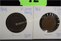 US 1848 LARGE PENNY AND 1868 TWO CENT PIECE