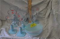 plastic bowls and plastic stem glasses