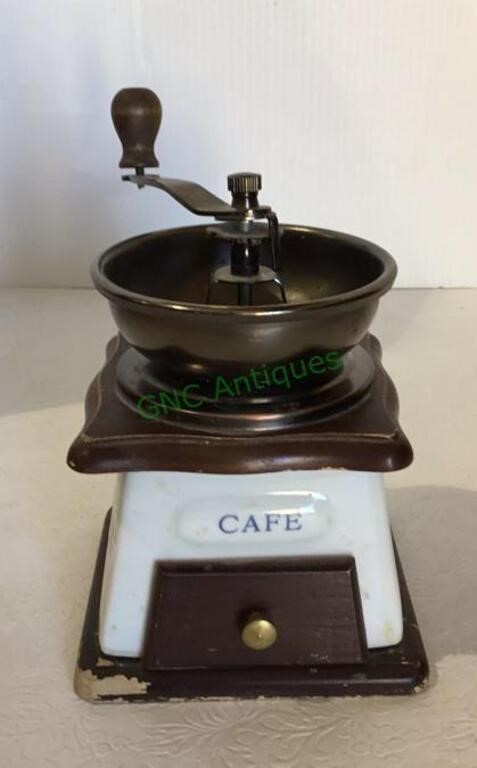 Vintage porcelain and wood coffee grinder