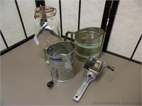 Vintage Kitchen Sifters, Glass Jar and Grinder