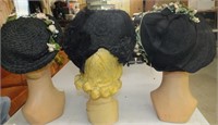 Hats (3) black woven, crochet look, flower accents