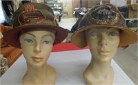 Hats (2), Olive Satin with handwork, Brown Woven