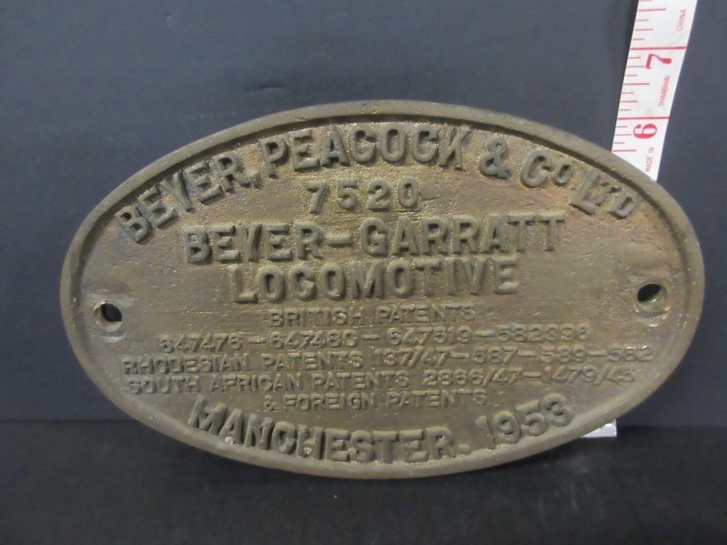 BEVER PEACOCK & CO 1953 #7520 RR SOLID BRASS PLATE