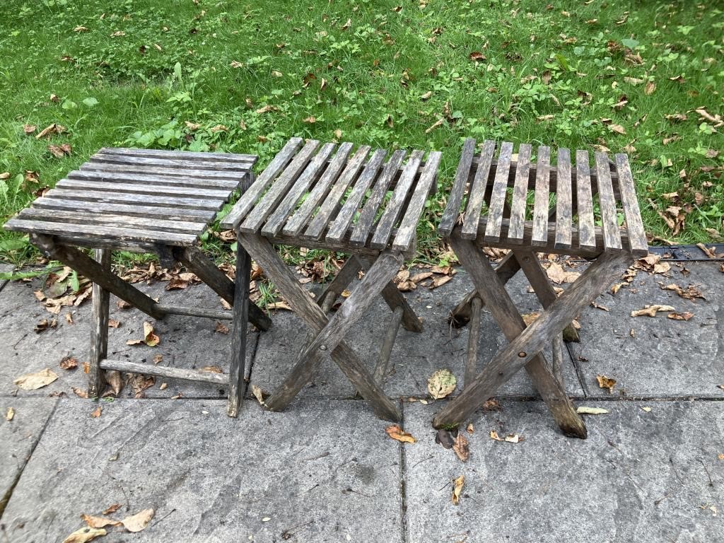 3 Small Weathered Wood Slat Patio Tables, Solid