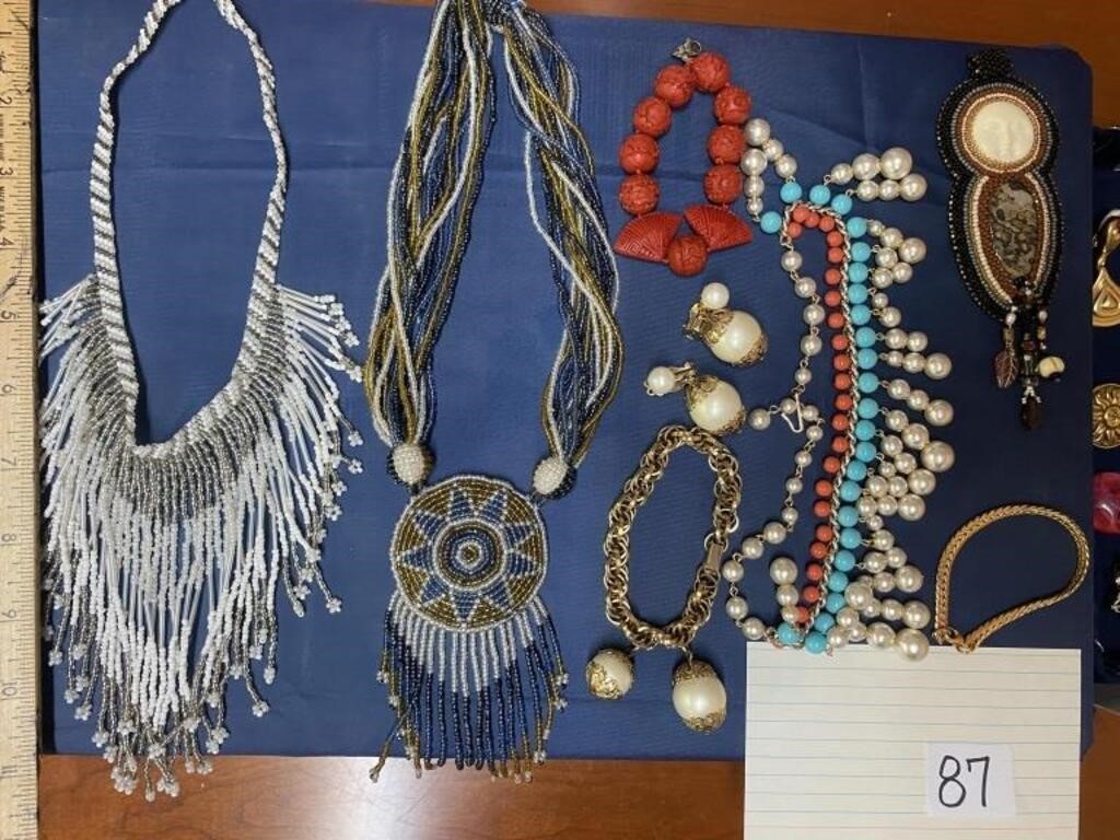 Beaded necklaces, bracelets, and earrings