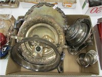 BOX: SILVERPLATE SERVING PIECES,  ETC.