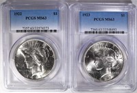 1922 & 1923 PEACE SILVER DOLLARS PCGS MS63