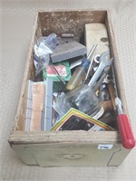 Wood Box of Hinges, Hand Tools, Assorted Items