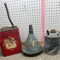 Tin oil cans and funnel