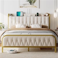 Feonase Full Bed Frame, Beige/Gold