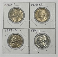 Four Denver D Minted Jefferson Nickels BU