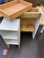 Wooden shelves, rolling drawer