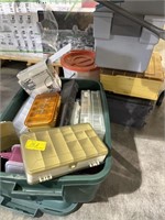 ASSORTMENT OF EMPTY TACKLE BOXES AND MINNOW BUCKET