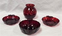 Anchor Hocking Ruby Red Vase & (3) Leaf Shaped