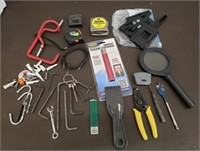Box of Assorted Tools, Tape Measures, Battery