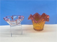 Amberina Glass Vase and Pink Tinted Clover Dish