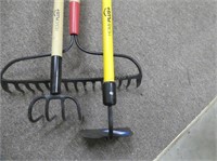 3 garden tools - hoe, rake, and cultivator - new