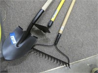3 garden tools - hoe, rake, and spade shovel - new