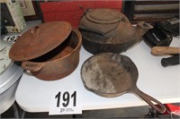 (3) Pieces of Cast Iron: Tea Kettle, Pot with