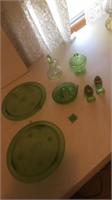 Green carnival glass dishes