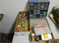 Fishing jigs, sinkers, and other - 2 boxes and bin