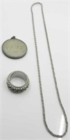 FIDGET RING, SILVERTONE CHAIN & 1975 CANADIAN COIN