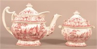 Staffordshire Red Transfer Coffee Pot & Sugar Bowl