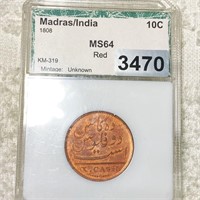 1808 Madras Indian 10 Cent Copper Coin PCI-MS64RED