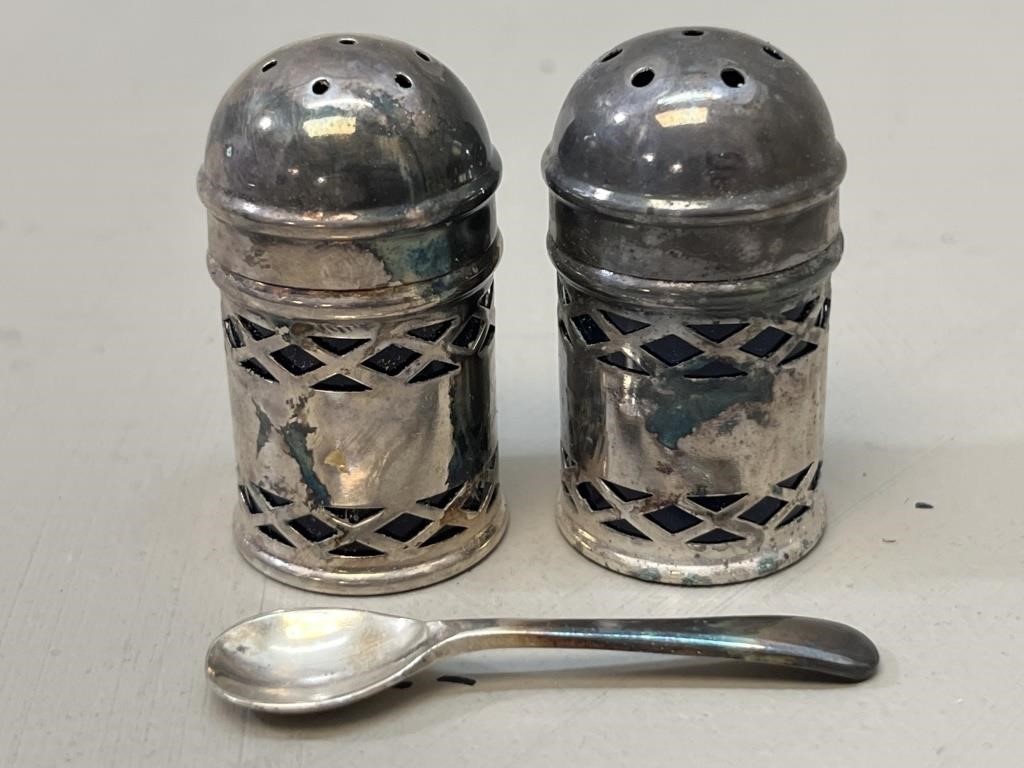 silver plate Cobalt glass shakers and salt with