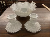 FENTON CANDLE HOLDERS AND BOWL
