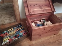 Wooden open top box, toy cars & more