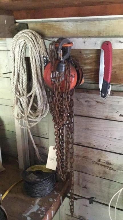 Spool of wire, 1 ton chain hoist, rope, handsaw