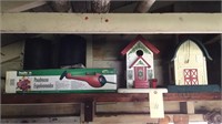 6 birdhouses, hose, duster, etc