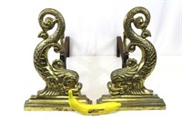 Pair Vintage Brass Dolphins Andirons