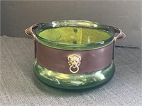 Green glass ice bucket w/ leather strap & lionhead