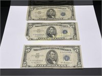 THREE U.S. 1953 $5 SILVER CERTIFICATES