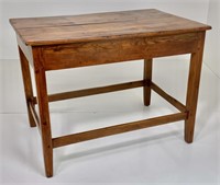 Yellow pine kitchen table, 2 board top, stretcher