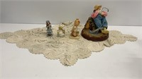 Snoozing fishing man, (3) porcelain figurines and