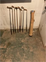 Vintage wood shaft golf clubs & bag