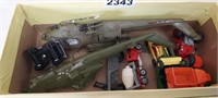 BOX OF VINTAGE TOYS, HELICOPTERS, VEHICLES